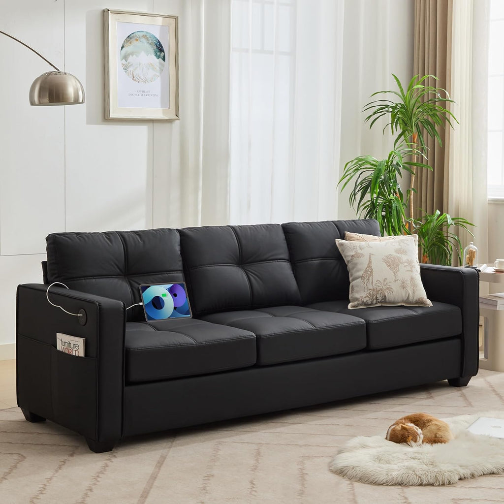 TYBOATLE 88" W Faux Leather Couches w/USB, Tufted Mid-Century Modern Comfy Black Leather Couch w/Side Pockets and Wider Arms for Living Room, 3 Seater Leathe Sofa for Office, Apartment, Bedroom