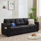 TYBOATLE 88" W Faux Leather Couches w/USB, Tufted Mid-Century Modern Comfy Black Leather Couch w/Side Pockets and Wider Arms for Living Room, 3 Seater Leathe Sofa for Office, Apartment, Bedroom