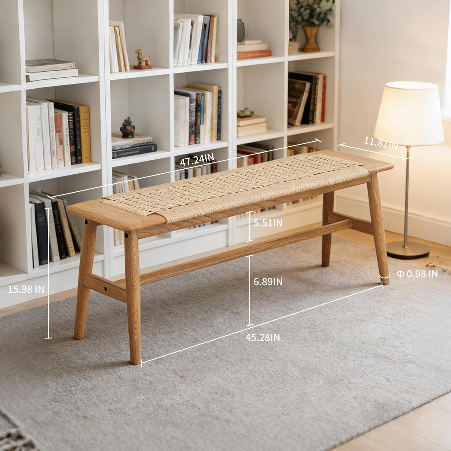 47 Inch Boho Dining Bench Solid Oak with Hand Woven Rattan - Skinny Narrow Bench for Entryway, End of Bed Bench for King Bed, Modern Farmhouse Natural Wicker Hallway Seating