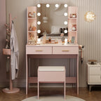 Otterease 31" Makeup Vanity Desk with LED Mirror and Storage Stool, Pink | Charging Station, 3‑Color Light, 2 Drawers and 4 Open Shelves Provide Organized Storage for Cosmetics and Beauty Essentials