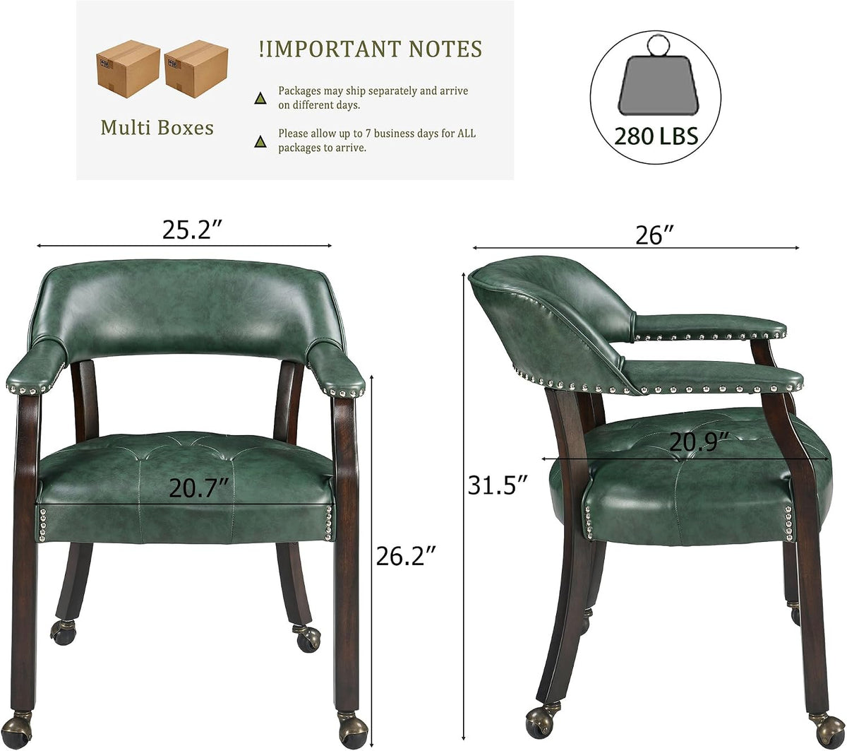LEEMTORIG Set of 4 Large Dining Chairs with Casters and Arms, Rolling Dining Chairs with Wheels, Game Poker Chairs, Boss Caption's Chairs, 26" Dx25.2 Wx31.5 H, Espresso Legs & Green PU, XXY-1910-GN