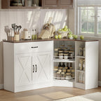 Corner Cabinet w/Charging Station, Kitchen Pantry w/Lazy Susan Turntable | Farmhouse Food Pantry Cabinet w/Drawer & Doors & Adjustable Shelf, L-Shaped Sideboard for Dining Room (White)