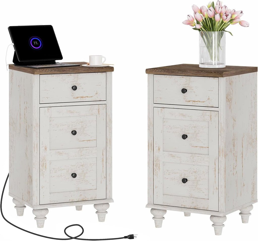 WAMPAT Set of 2 End Table with Charging Station, Wood Nightstands with Drawer and Storage Cabinet, Modern Side Tables Living Room, Farmhouse Night Stands Bedside Table for Bedroom, Rustic White