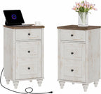 WAMPAT Set of 2 End Table with Charging Station, Wood Nightstands with Drawer and Storage Cabinet, Modern Side Tables Living Room, Farmhouse Night Stands Bedside Table for Bedroom, Rustic White