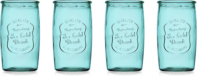 Glaver's Highball Glasses Set of 4 – 20oz Artistic Ice-Cold Pretty Blue – Vintage Glassware with Embossed Logo – Beverage Drinking Glasses for Water, Juice, Cocktails. Hand Wash.