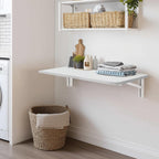White Wall Mounted Folding Table 23.6"x15.7" Fold Down Wooden Wall Desk for Small Spaces, Floating Laundry Folding Table for Kitchen or Office