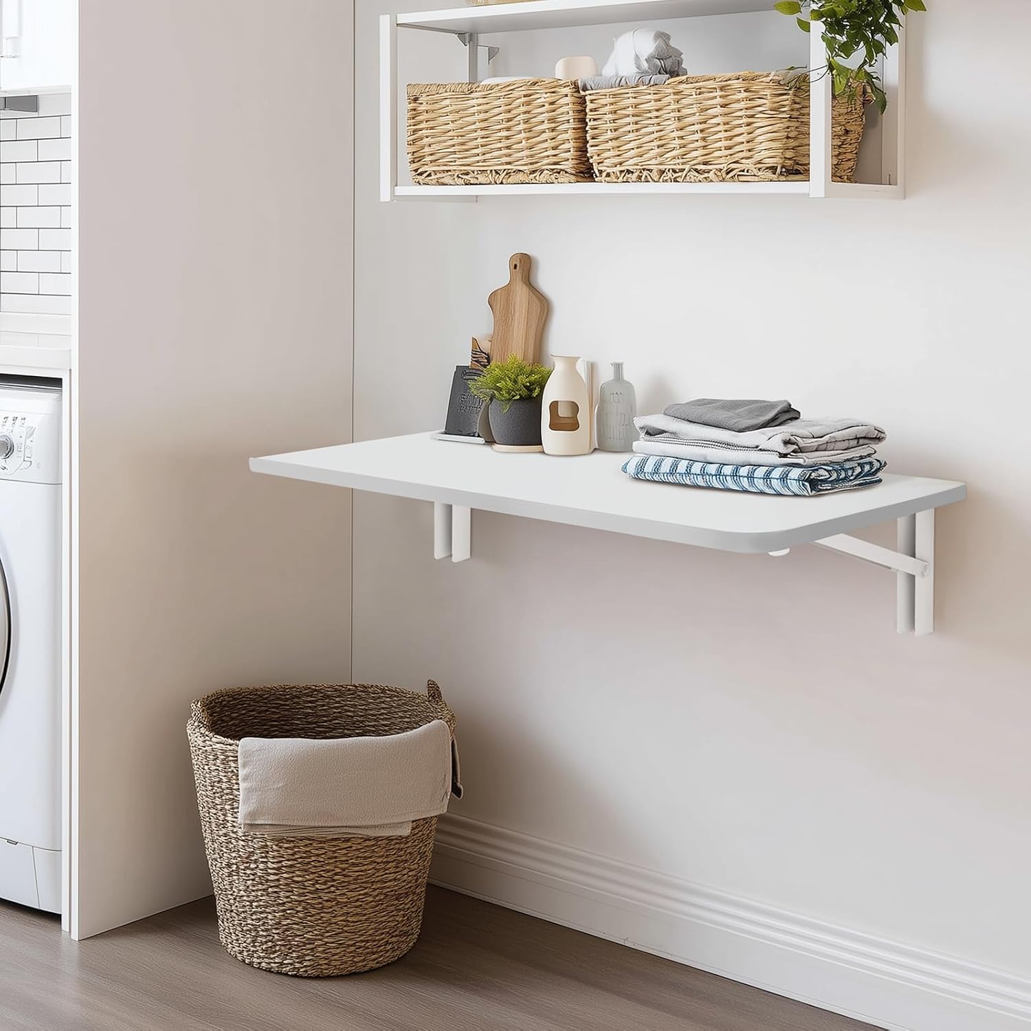 White Wall Mounted Folding Table 23.6"x15.7" Fold Down Wooden Wall Desk for Small Spaces, Floating Laundry Folding Table for Kitchen or Office