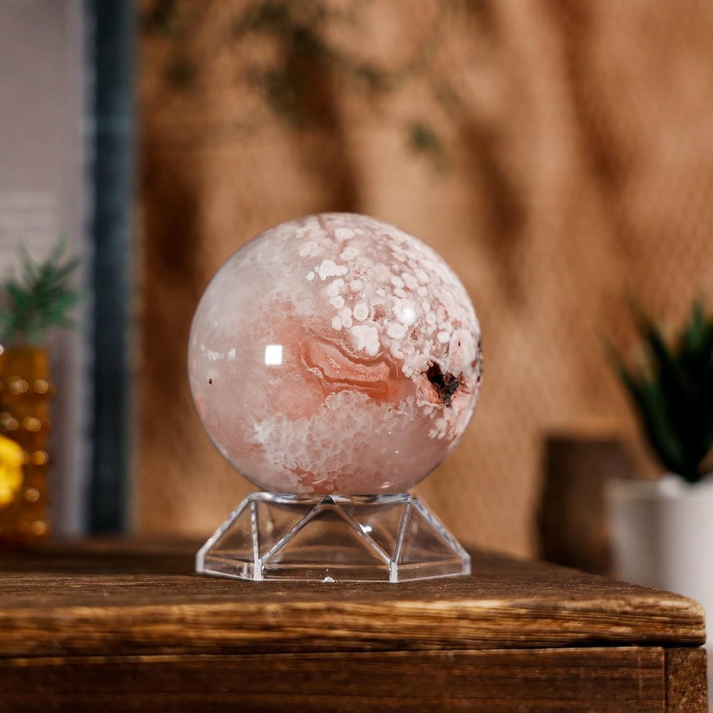Natural Cherry Blossom Agate Crystal Ball with Acrylic Display Base, 71-80mm Polished Stone Feng Shui Crystal Sphere Meditation Decoration for Home & Office