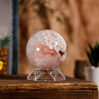 Natural Cherry Blossom Agate Crystal Ball with Acrylic Display Base, 71-80mm Polished Stone Feng Shui Crystal Sphere Meditation Decoration for Home & Office
