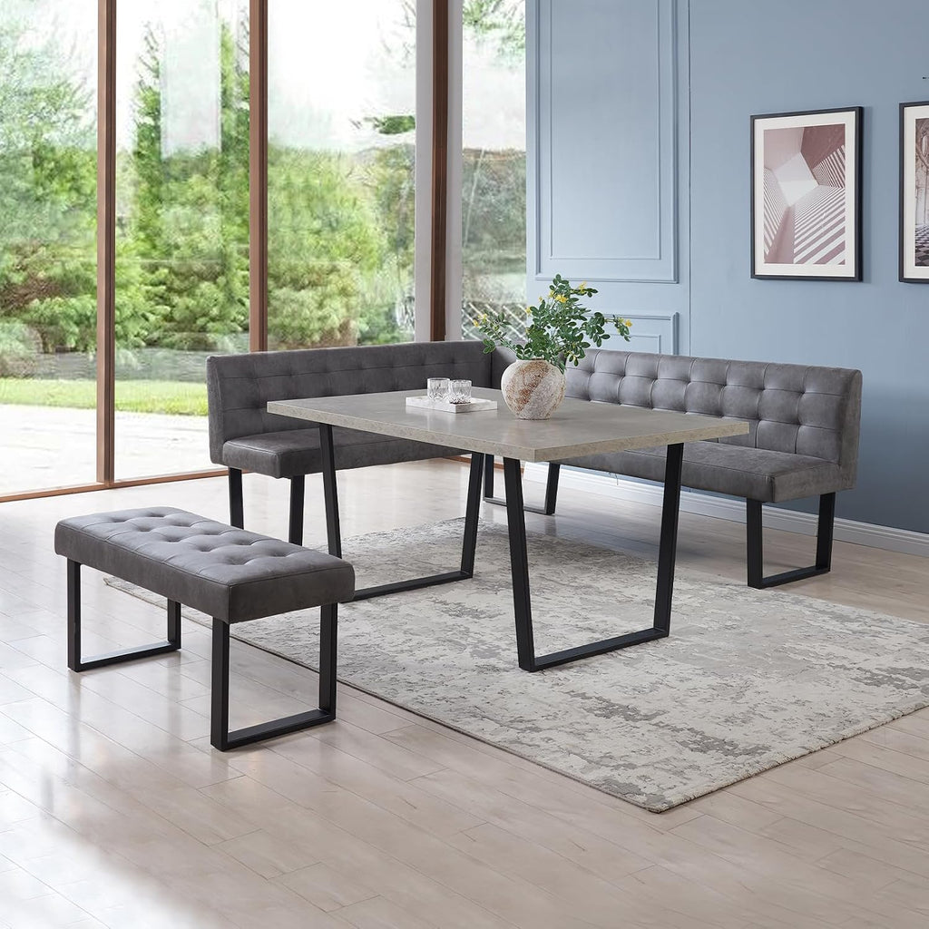 HIPIHOM Dining Table Set with Bench, Grey Table with Grey Right Seat Bench | 42.9 Inch MDF Tabletop with Corner sofa and 43.3 In Bench, Metal Legs for Family Dining Room Furniture, Apartment