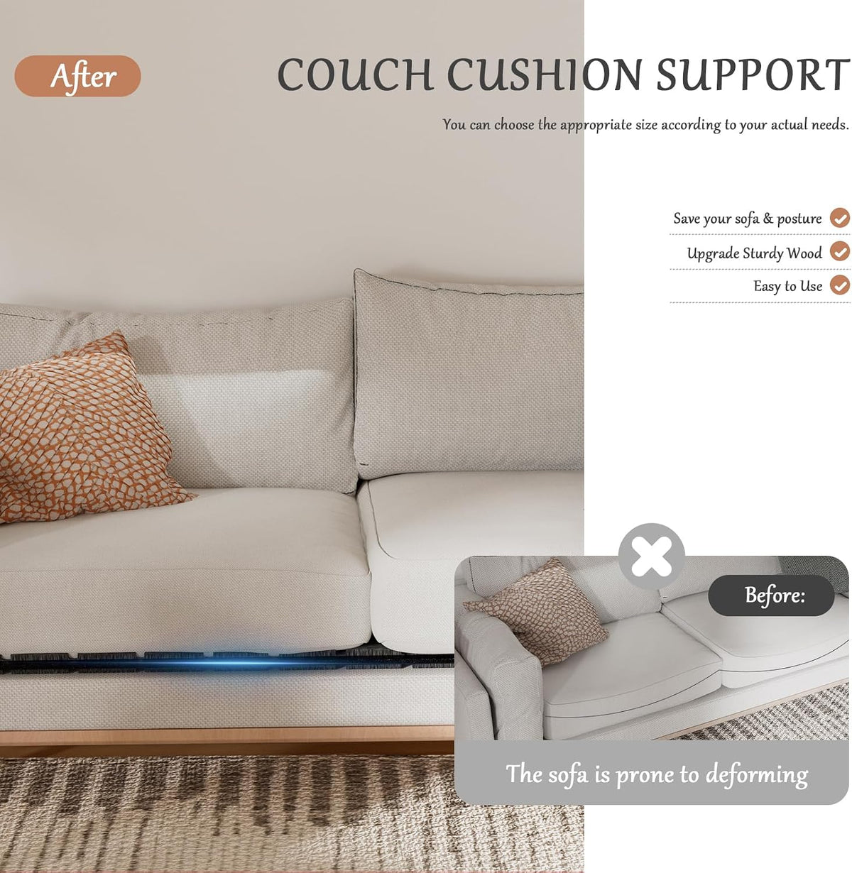 Heavy Duty Couch Cushion Support Board for Sagging Sofa, 24" x 70" Sofa, Thick Plywood Boards Add Strong Seat Supports, Stays in Place, Replacement Stuffing Under Couches