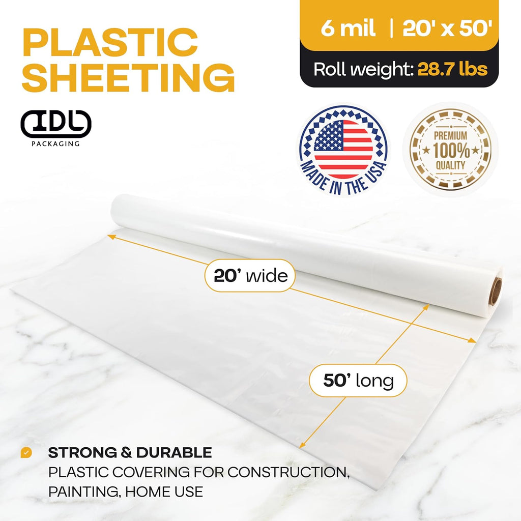 Plastic Sheeting 6 mil, 20' x 50' (1000 sq. ft.) - Thick Semi-Clear LDPE Plastic Sheeting Heavy Duty for Construction and Painting - Plastic Sheeting for Drop Cloth - Roll of Plastic by IDL Packaging