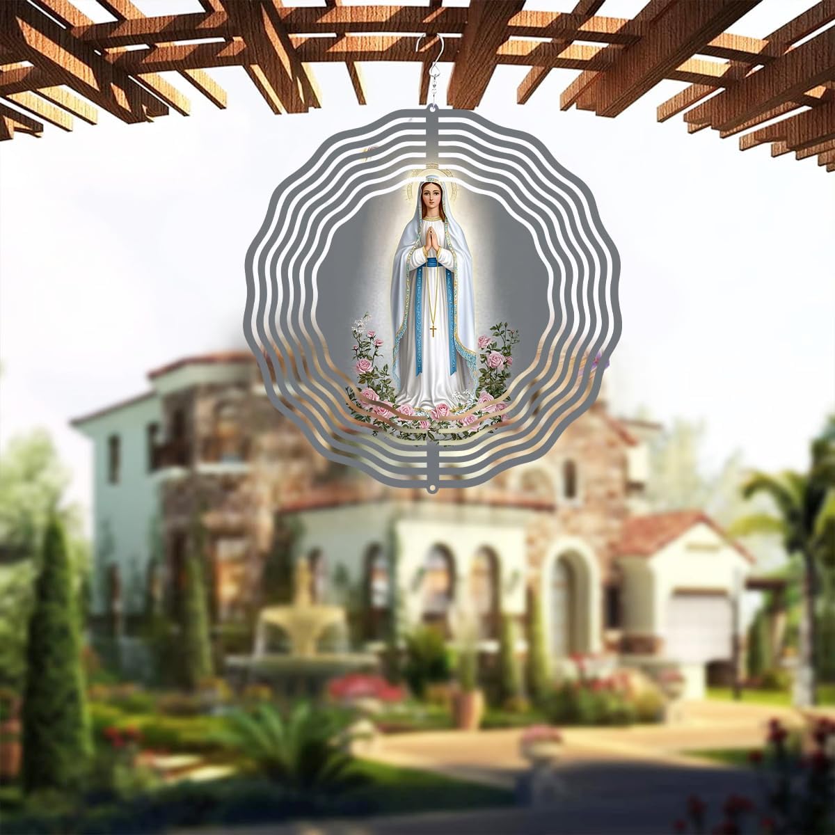 Virgin Mary Prayer Wind Spinner, Metal Wind Spinners Outdoor Indoor, Virgin Mary Cross Hanging Garden Decor for Outside, Stainless Wind Spinners for Yard and Garden 10 inch 3D (25.76X25 CM)