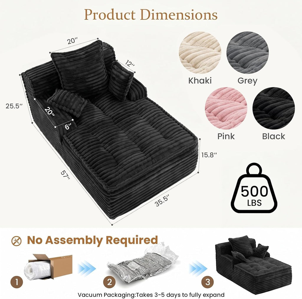 Chaise Lounge Couch Indoor, Small Corduroy Upholstered Sleeper Sofa Bed Reading Chairs with 3 Pillows, Fluffy Comfy Cloud Sofas Couches, Compression Sofa for Small Corner