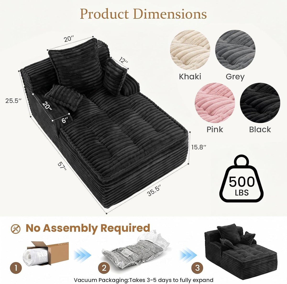 Chaise Lounge Couch Indoor, Small Corduroy Upholstered Sleeper Sofa Bed Reading Chairs with 3 Pillows, Fluffy Comfy Cloud Sofas Couches, Compression Sofa for Small Corner