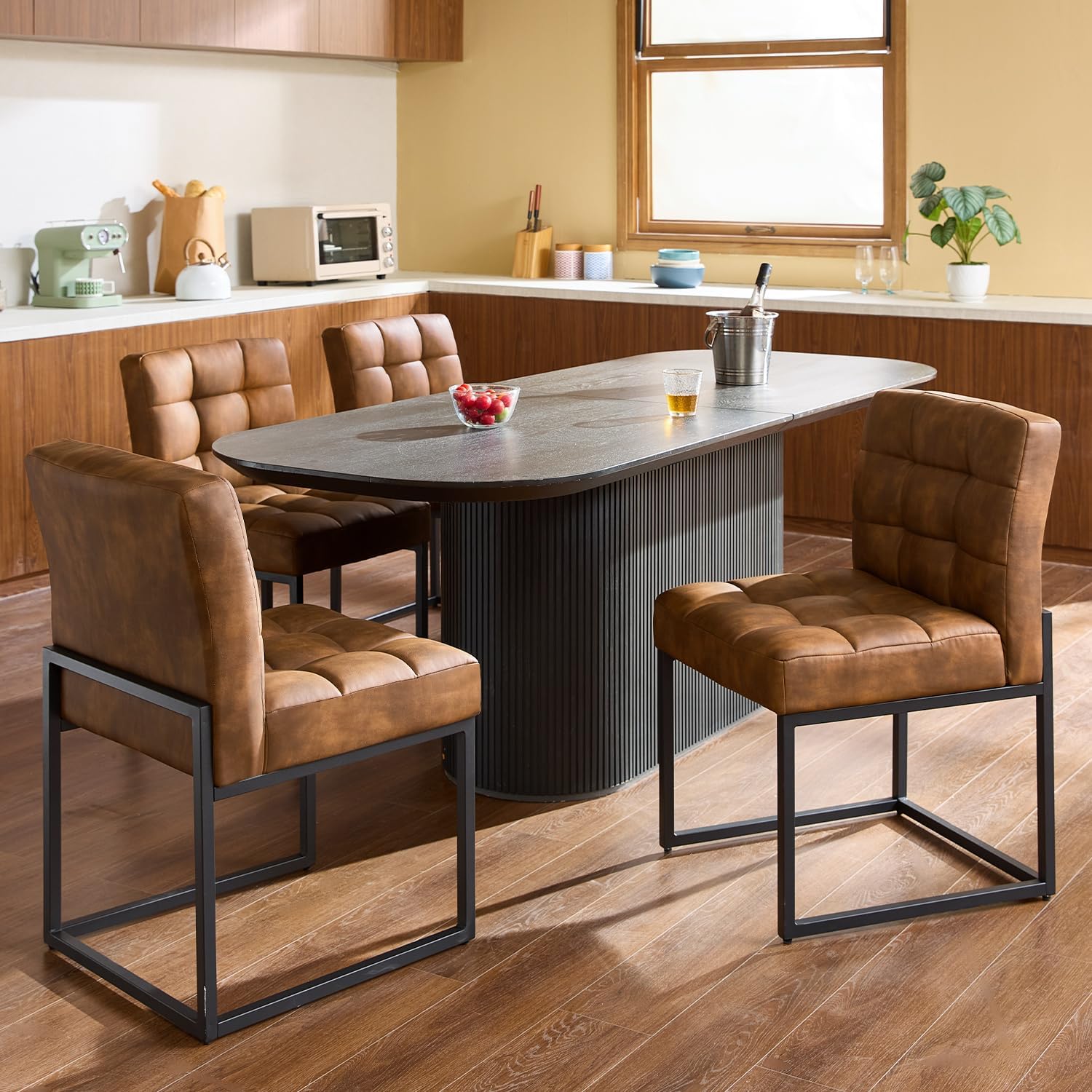 GrandNoor Coffee Faux Leather Dining Chairs Set of 4, Mid-Century Modern Dining Room Chairs with Armless, Checkered Kitchen Chair with Metal Legs