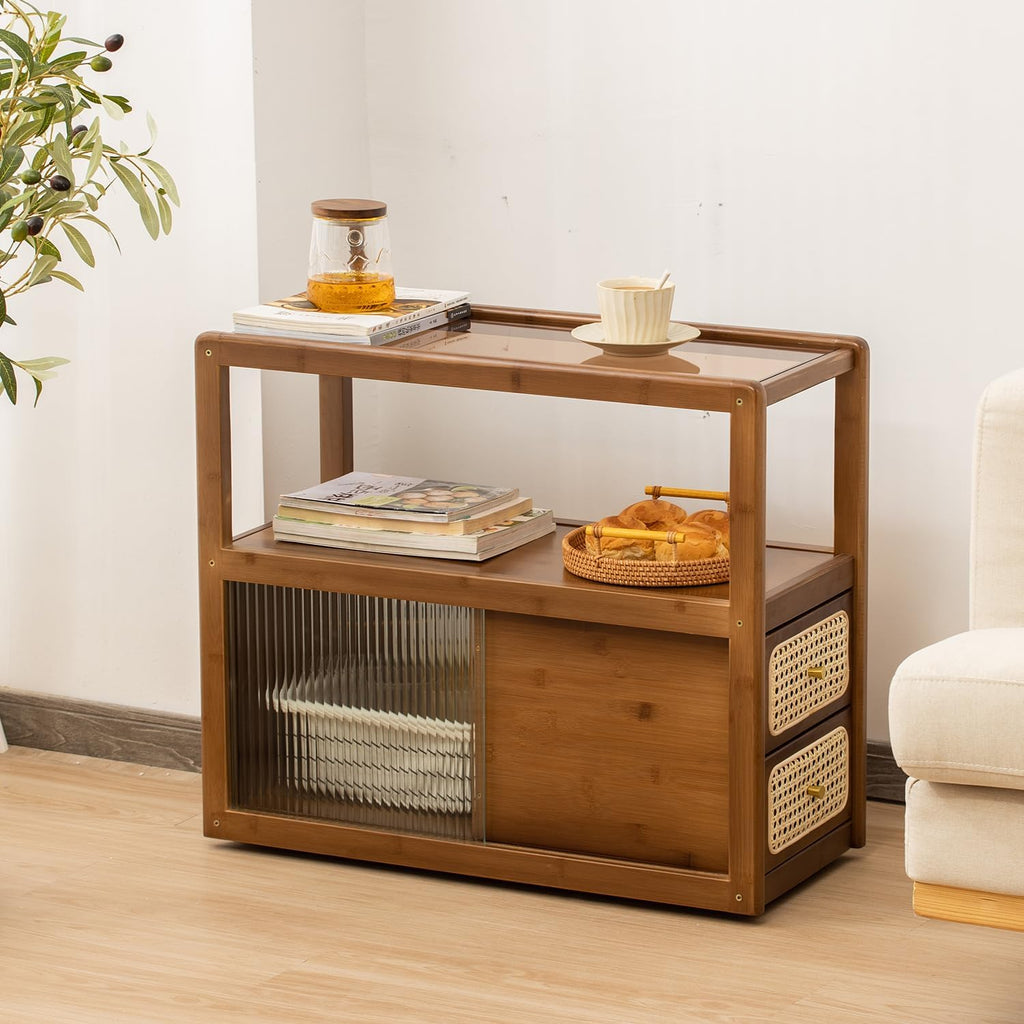 SOBIBO Bamboo Side Table Nightstand with Rattan Drawer & Glass Top – Multi-Function End Table, Nightstands with Storage for Bedroom, Living Room, and Small Spaces, Walnut