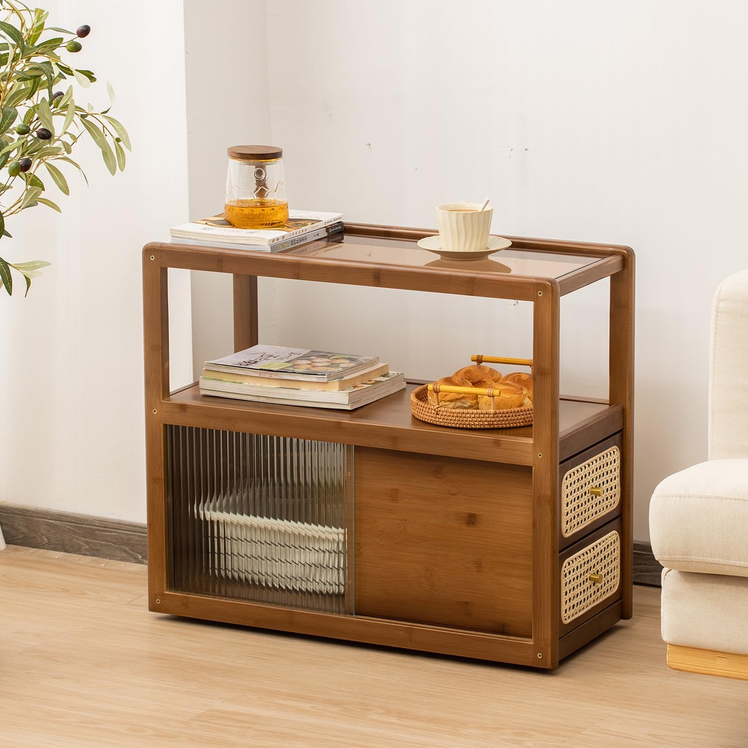 SOBIBO Bamboo Side Table Nightstand with Rattan Drawer & Glass Top – Multi-Function End Table, Nightstands with Storage for Bedroom, Living Room, and Small Spaces, Walnut