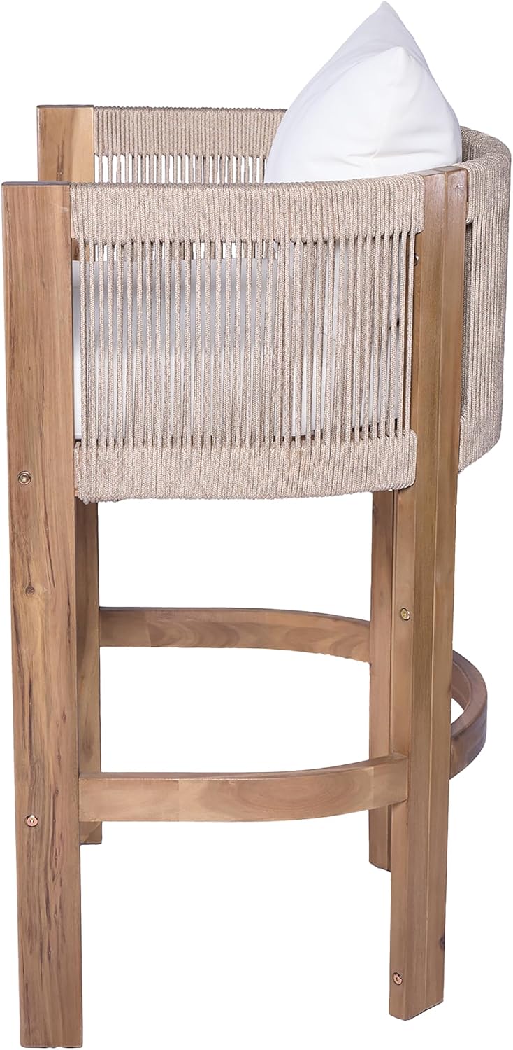 Merax Outdoor Bar Stools Set of 4, Rope Rattan Patio Barstools with Footrest and Cozy Cushions, Outdoor Acacia Wood Counter Height Bar Stools for Garden Backyard Pool Bar Chairs, Beige