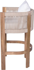 Merax Outdoor Bar Stools Set of 4, Rope Rattan Patio Barstools with Footrest and Cozy Cushions, Outdoor Acacia Wood Counter Height Bar Stools for Garden Backyard Pool Bar Chairs, Beige