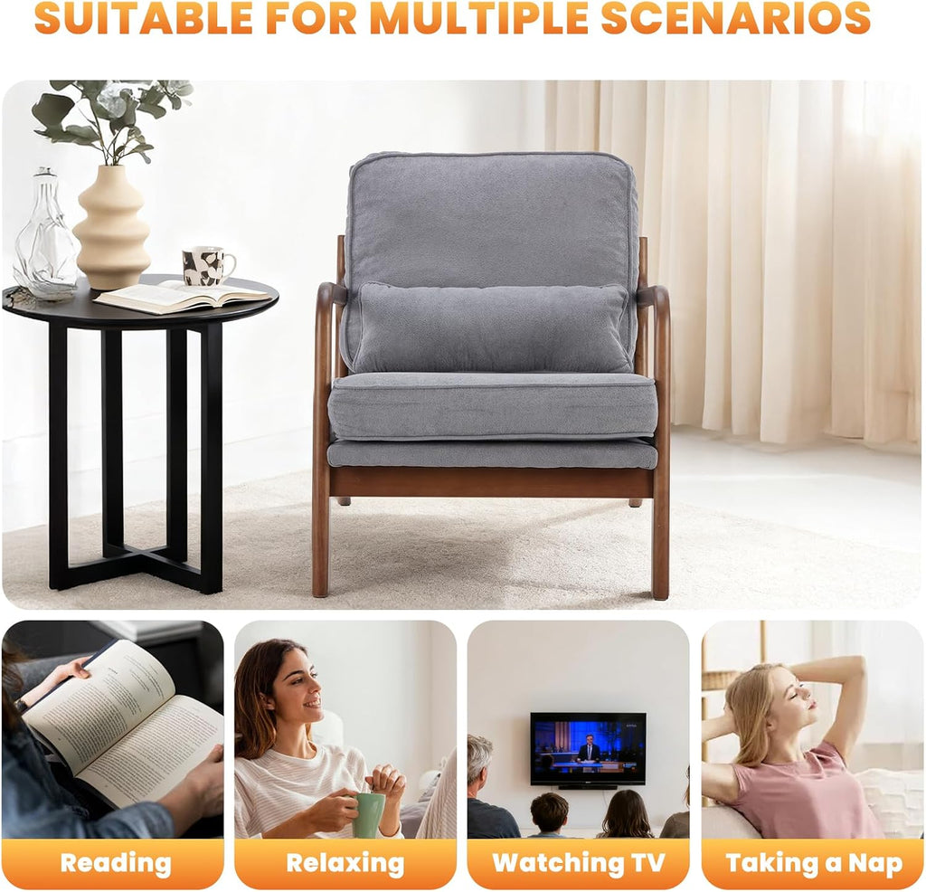 DUMOS Mid Century Modern Chairs Set of 2, Accent Chair with Arms and Waist Cushion, Reading Chairs for Adults, Lounge Chair for Living Room and Bedroom, Solid Wooden Frame, Light Grey