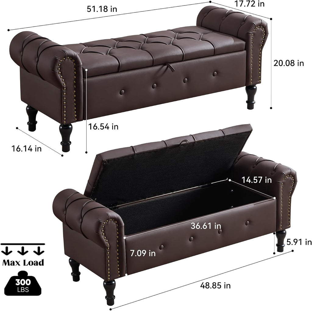Storage Bench 51" Faux Leather End of Bed Benches Dark Brown | Queen Size Storage Bench for Bedroom with Rolled Arms Tufted Ottoman Benches Upholstered Bench for Living Room Entryway