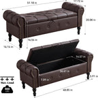 Storage Bench 51" Faux Leather End of Bed Benches Dark Brown | Queen Size Storage Bench for Bedroom with Rolled Arms Tufted Ottoman Benches Upholstered Bench for Living Room Entryway