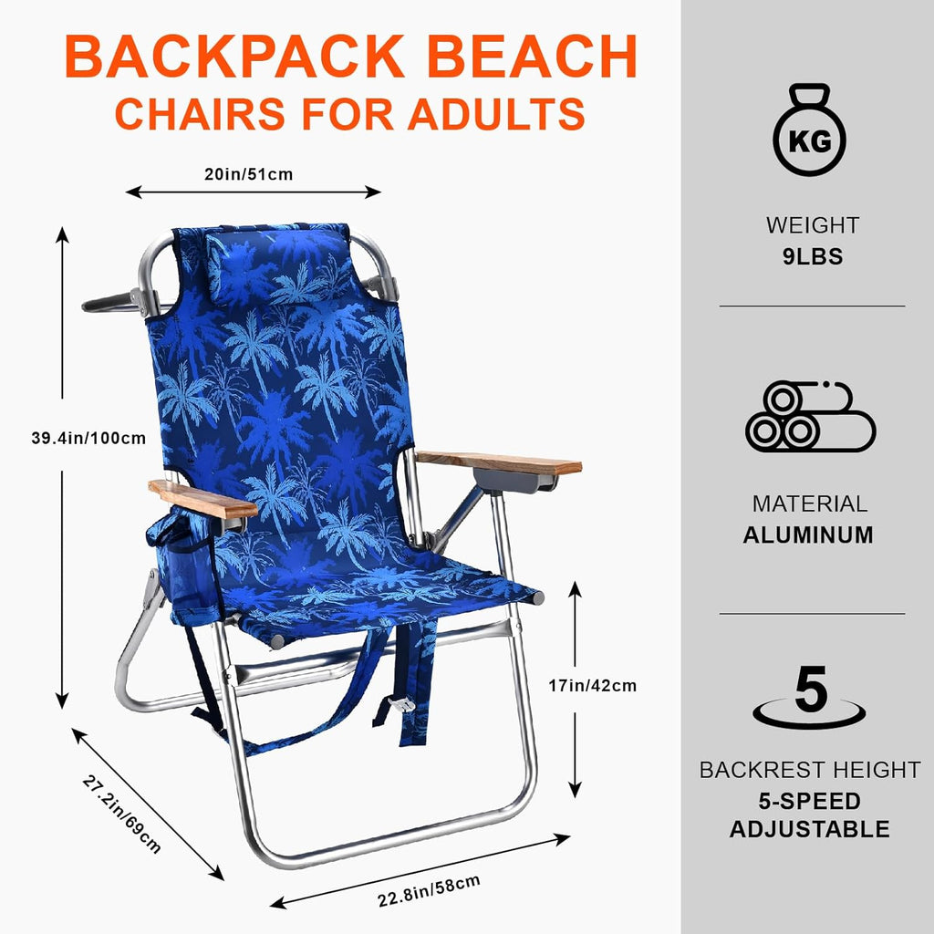 Backpack Beach Chairs for Adults Capacity 300 LBS high 5 Position Beach Chair with Pouch Straps Folding Lightweight Reclining Aluminum Wide Lay Flat Single