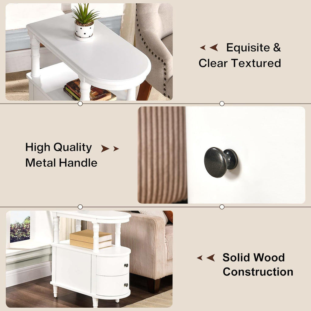 PADMA HOUSE Solid Wood End Table with 2 Drawers, Narrow Sofa Side Table Slim Chair Side Table with Storage Shelf, Vintage Slim Nightstand Bedside Table, White，BG-A508-WT