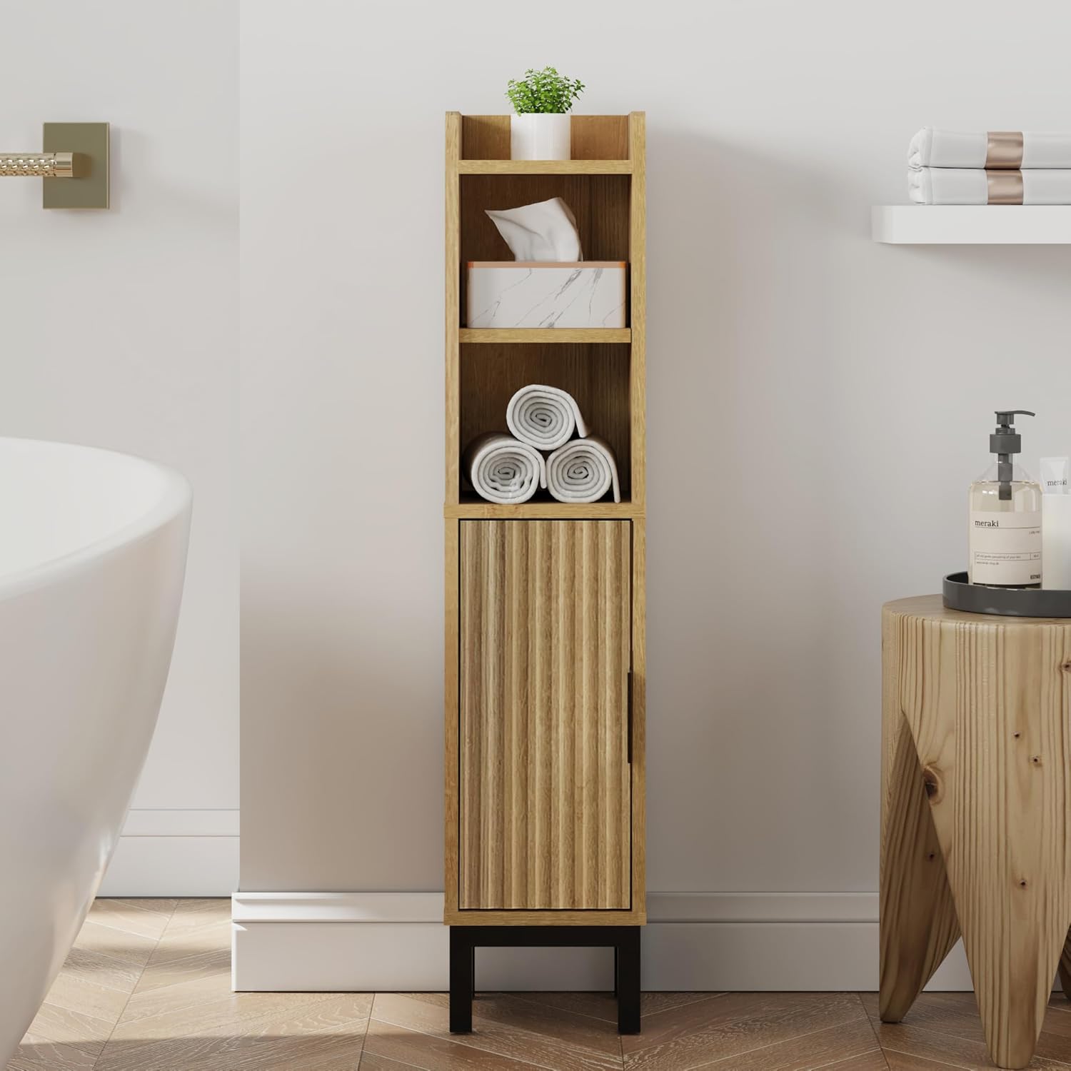 FerniTry Small Bathroom Storage Cabinet, Corner Narrow Toilet Paper Floor Cabinet with Door and Shelves,Bathroom Organizer with Adjustable Shelf, for Small Spaces (Oak)