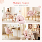 VINGLI Shell-Shaped Teddy Fleece Accent Vanity Chair with Back,Comfy Pink and Gold Desk Chair No Wheels,Cute Small Pearl Deco Pillow,Gift for Girls/Women,for Makeup,Office,Dining,Nail,Sewing,Bedroom
