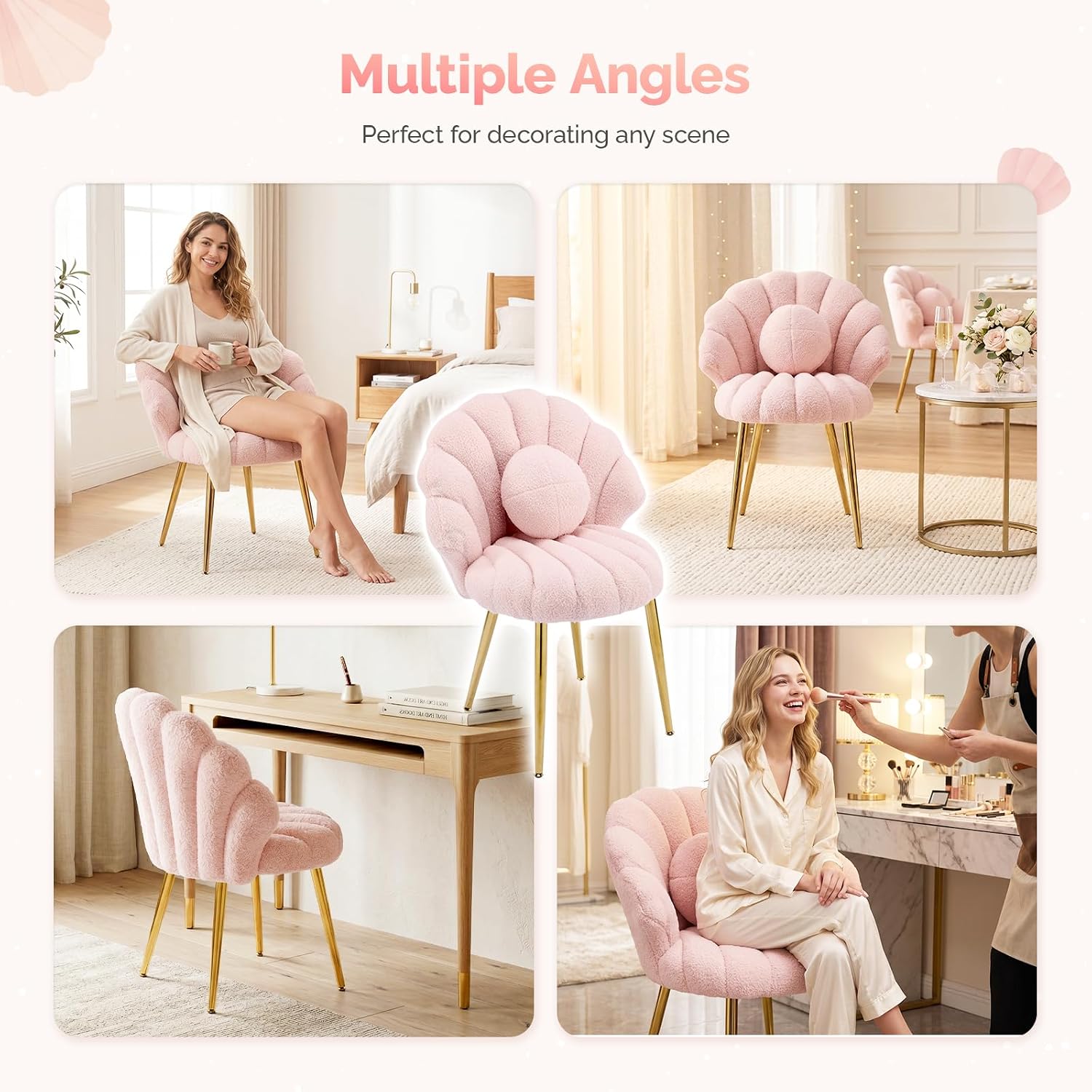 VINGLI Shell-Shaped Teddy Fleece Accent Vanity Chair with Back,Comfy Pink and Gold Desk Chair No Wheels,Cute Small Pearl Deco Pillow,Gift for Girls/Women,for Makeup,Office,Dining,Nail,Sewing,Bedroom