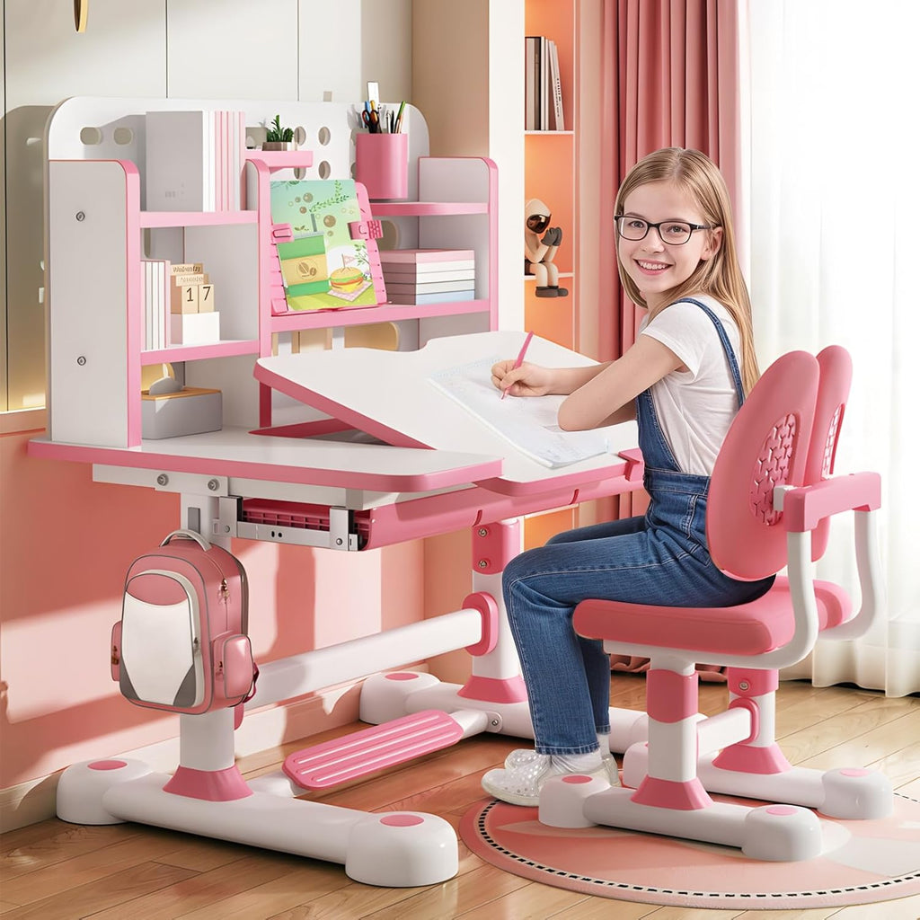 Kids Desk and Chair Set, Height Adjustable Kids Study Desk with Bookshelf and Storage Drawer, 50 Degree Tiltable Desktop Children’s Table and Chairs for Bedroom Study Room Pink