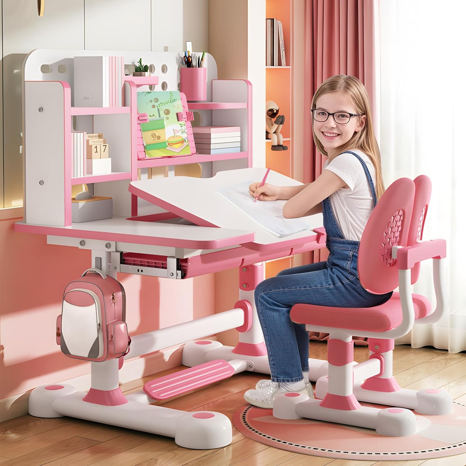 Kids Desk and Chair Set, Height Adjustable Kids Study Desk with Bookshelf and Storage Drawer, 50 Degree Tiltable Desktop Children’s Table and Chairs for Bedroom Study Room Pink