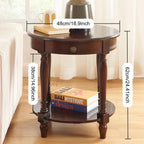 YUNMUARY-Solid Wood End Table Round Side Table with Drawers Vintage Nightstand Sofa Side Tables with Storage Shelf Traditional Retro End Tables for Small Spaces Living Room,Dark Brown