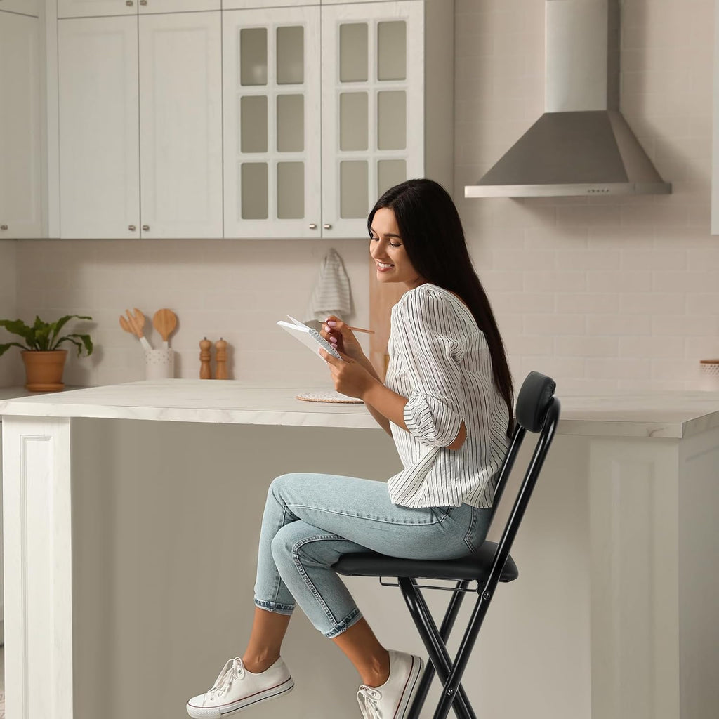 Thyle 1 Pcs Folding Bar Stool with Backrest Counter Height Seat,29.5 Inch | Tall Foldable Design for Kitchen Island Cafe Dining, Portable Space-saving, Leather Padded Seat Back, Metal Frame