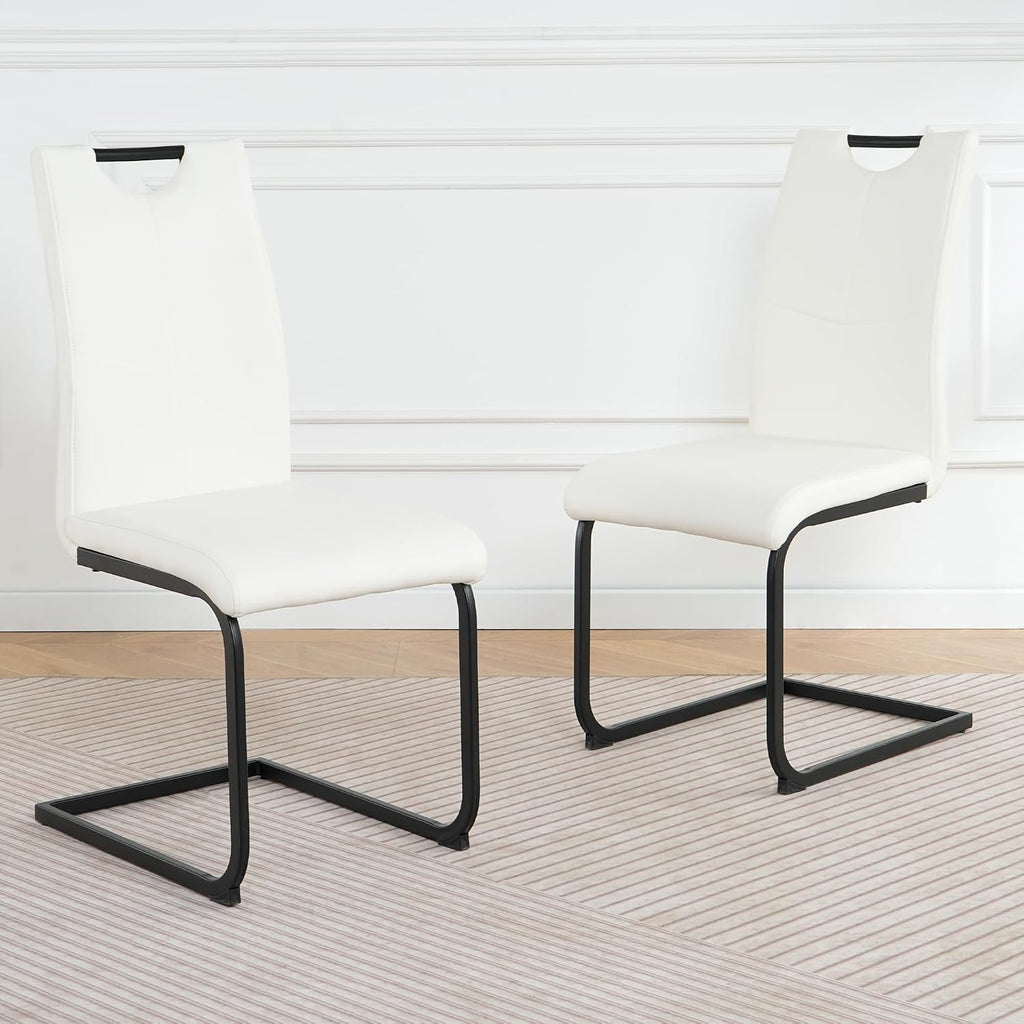 Henf Modern Dining Chairs Set of 2,Dining Room Chair Side Chairs with PU Leather Seat Black Metal Legs,Comfortable Dining Kitchen Chairs for Dining Room Living Room,White Armless Dining Chairs for 2