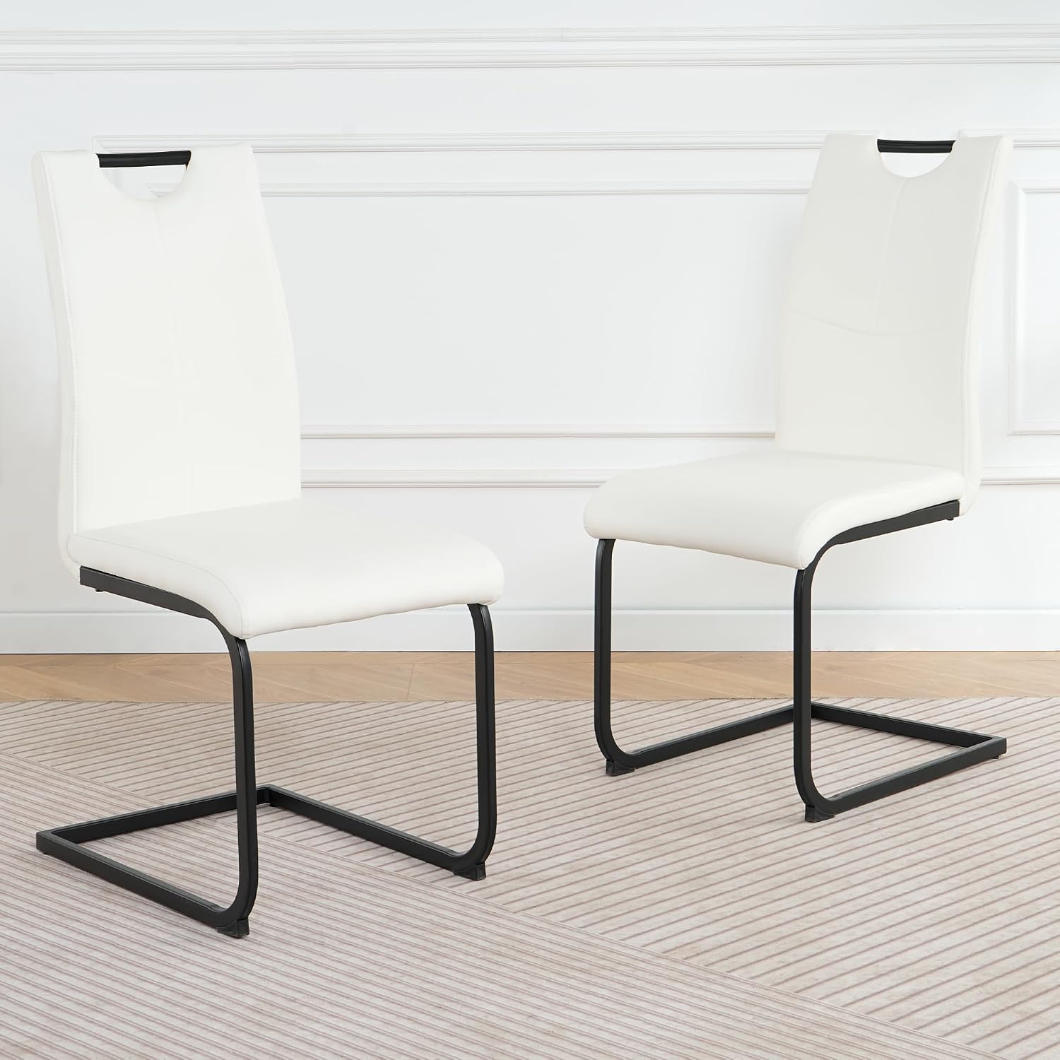 Henf Modern Dining Chairs Set of 2,Dining Room Chair Side Chairs with PU Leather Seat Black Metal Legs,Comfortable Dining Kitchen Chairs for Dining Room Living Room,White Armless Dining Chairs for 2