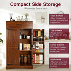 CypherX 47" Farmhouse Brown Kitchen Pantry Storage Cabinet for Dining Room | Rustic sideboard buffet cupboard; doors with shelves & smooth drawer; 47" tall pantry; 5-level adjustable storage shelves