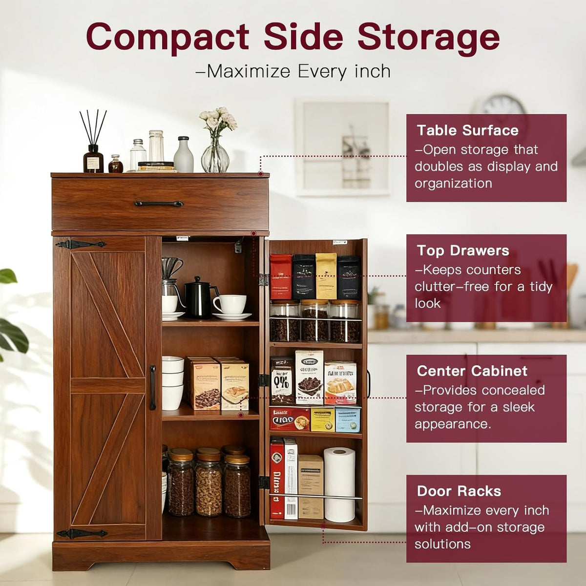 CypherX 47" Farmhouse Brown Kitchen Pantry Storage Cabinet for Dining Room | Rustic sideboard buffet cupboard; doors with shelves & smooth drawer; 47" tall pantry; 5-level adjustable storage shelves