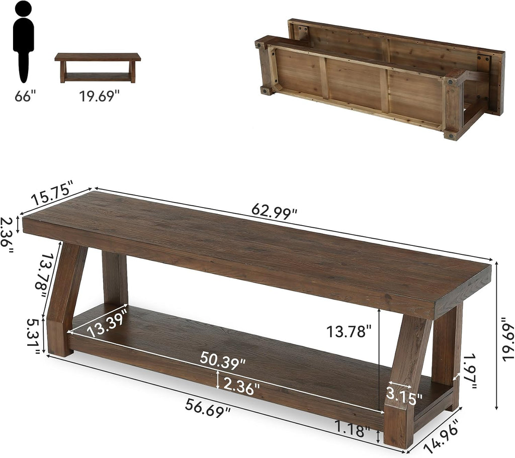 63" Solid Wood Bench, 2-Tier Entryway Bench with Shoe Storage, Rustic Hallway Accent Benches for Entryway, Living Room, Mudroom, Easy Assembly, Rustic Dark Brown