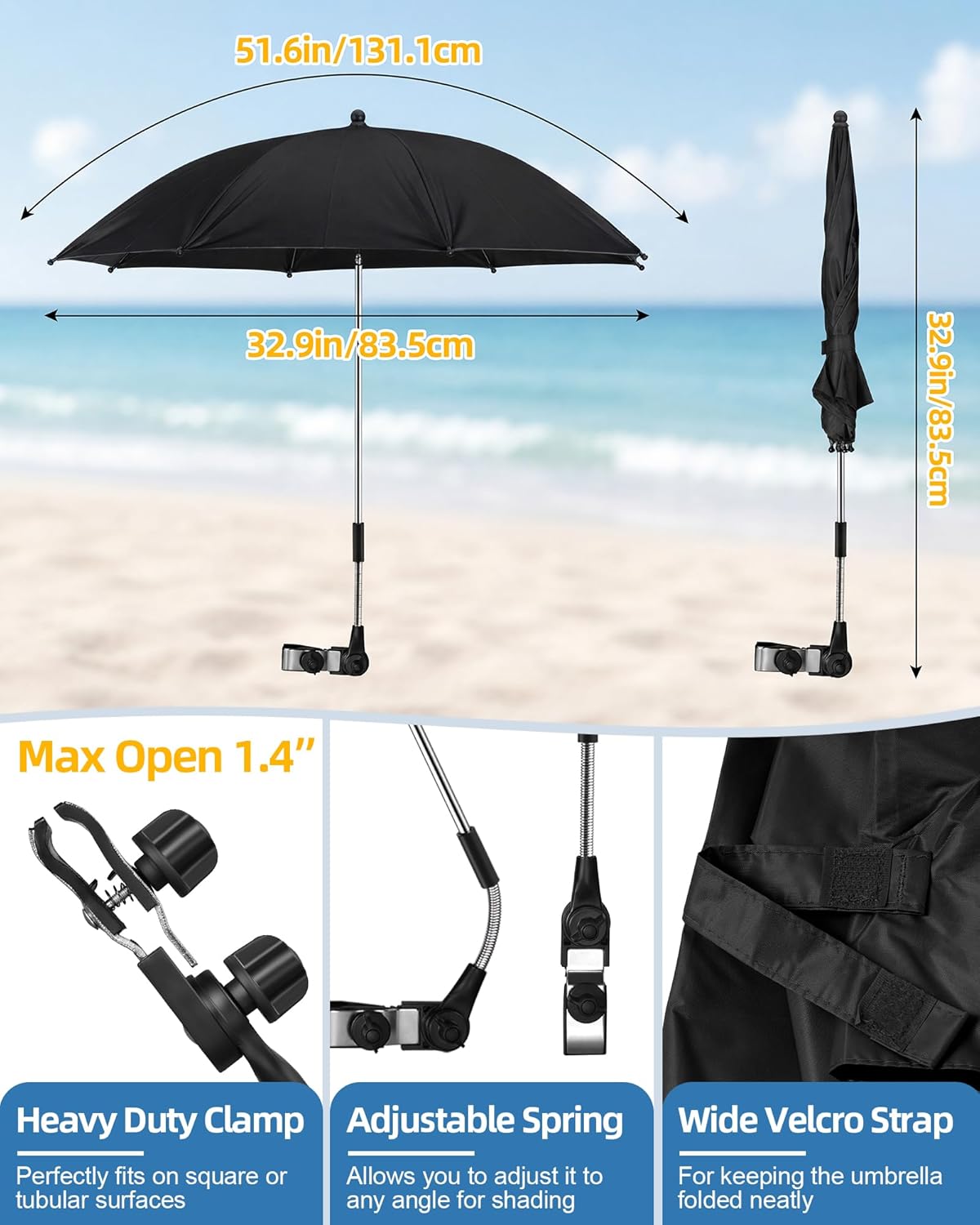 2PCS Camping Chairs with Detachable Umbrella, HaSteeL Folding Beach Chair for Adults, Large Portable Foldable Chair for Outdoors Fishing Hiking Travel Picnic Lawn, Supports 275lbs, Storage Bags, Black