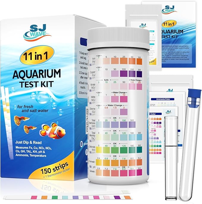 11 in 1 - Aquarium Test Strips | 950 Tests - 150 Strips | Fish Tank Aquariums Water Test Kit & ebook | Aquarium Thermometer | Fish Tank Water Testing Kit Includes 50 Ammonia Strips | Versatile Usage
