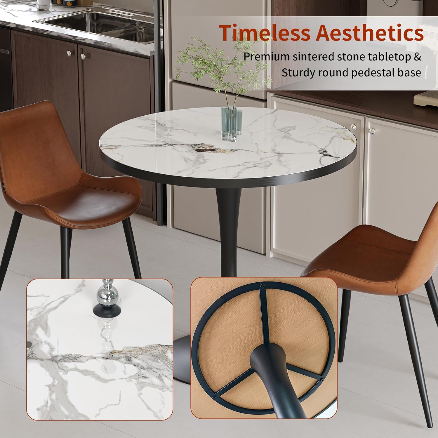 Wisfor Kitchen Dining Table Coffee Table: Round 30 Inch Sintered Stone High Gloss White Tabletop Dinner Tables with Black Round Pedestal Base for Home Bar Shop Restaurant