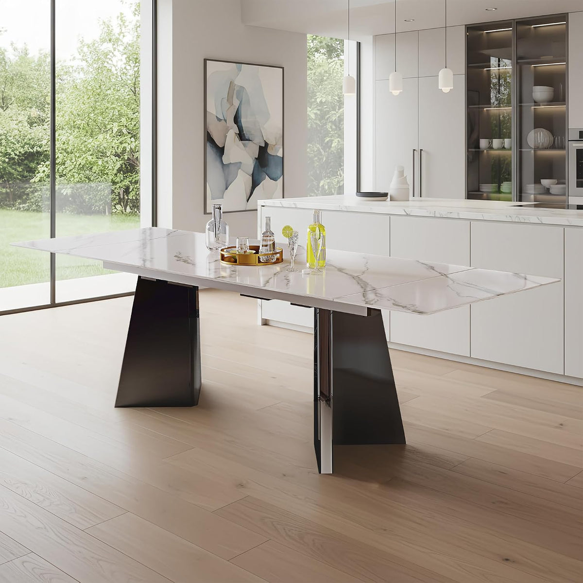 Expandable Dining Table 62.99 to 94.48 Inch Sintered Stone Marble Table Black Carbon Steel Base Diagonal Leg Design for Home Kitchen (Snowflake White)