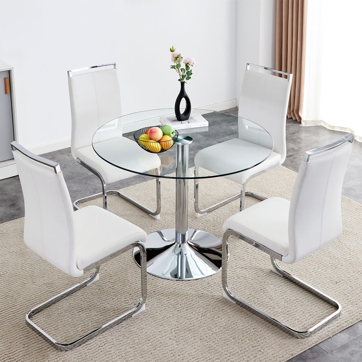gopop 40" Round Glass Dining Table, Modern Kitchen Table with Tempered Glass Top & Stainless Steel Silver Leg, Clear Dining Room Table for Kitchen Dinner Room.