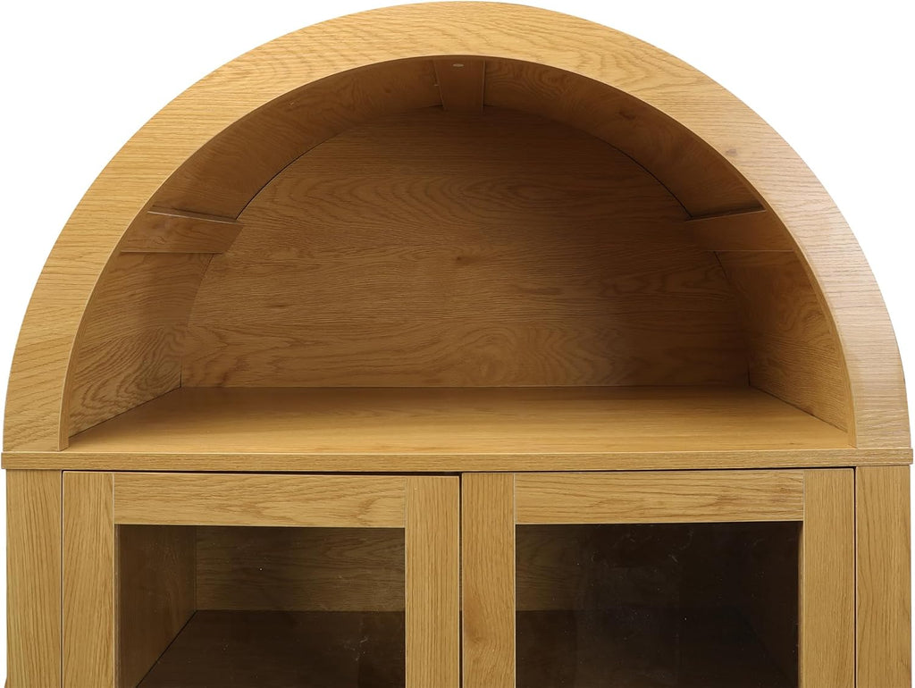 71" Tall Arched Kitchen Pantry with Drawer,Glass Door,Door Racks, Fluted Hutch Cabinet with Storage & Adjustable Shelves,Cupboard Buffet Cabinet for Living Room, Coffee Bar Corner(Natural) (Natural-1)