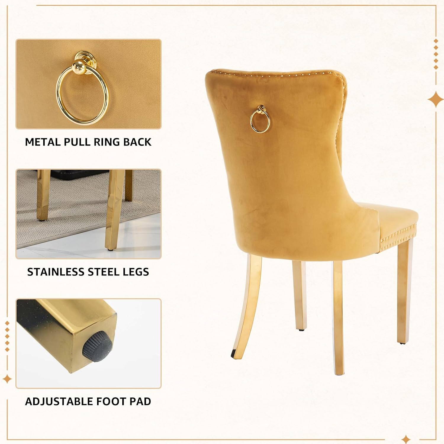 Velvet Dining Chairs Set of 4, Tufted Upholstered High Wingback Chairs with Nailhead Trim & Pull Ring, Golden Stainless Steel Legs for Dining Room, Sillas de Comedor, Gold