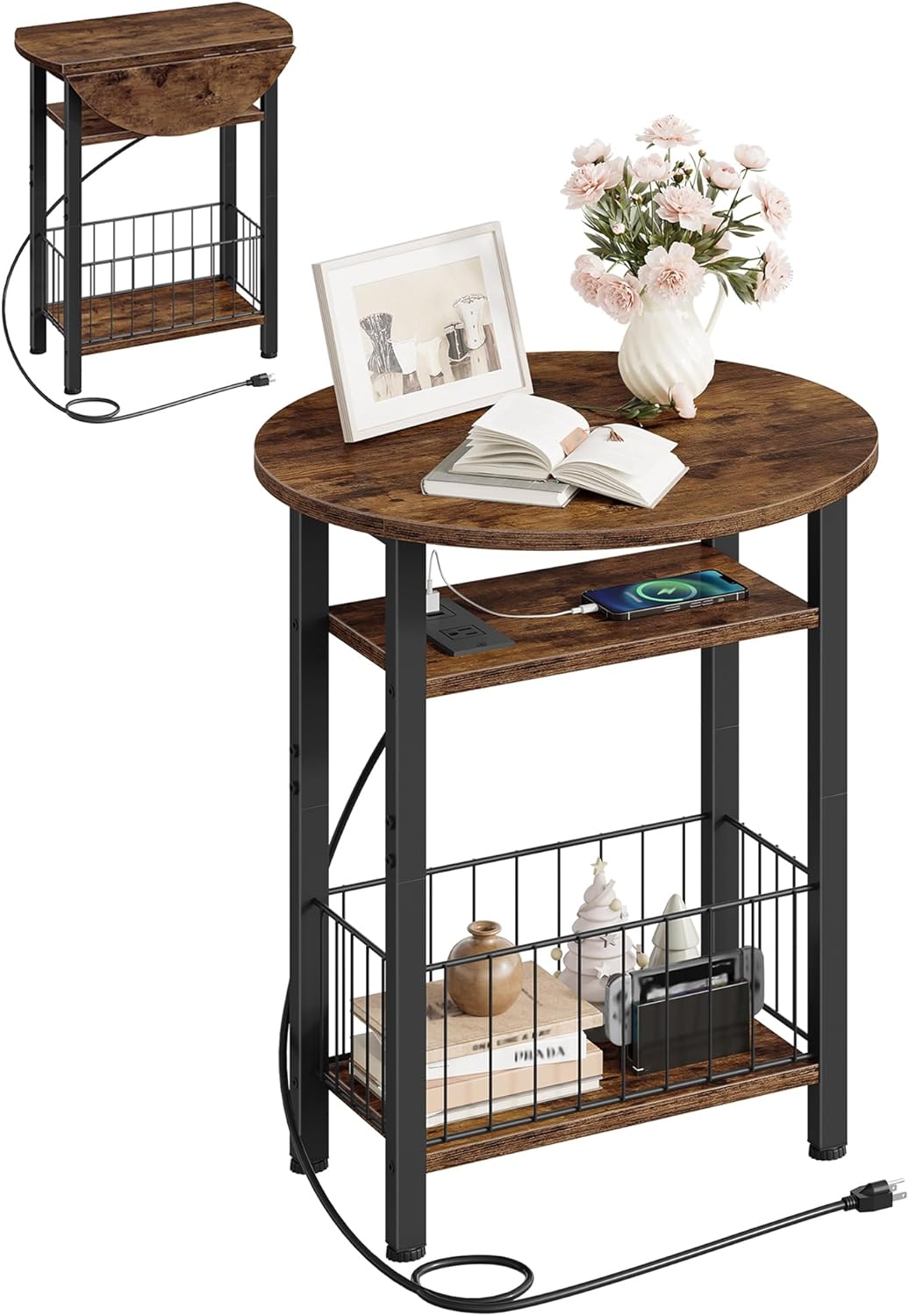 Folding Side Table with Charging Station, 3-Tier Narrow End Couch Table with Folding Top, Storage Basket, Round Side Table for Small Spaces, for Sofa Living Room, Bedroom, Rustic Brown TBZ10UBF
