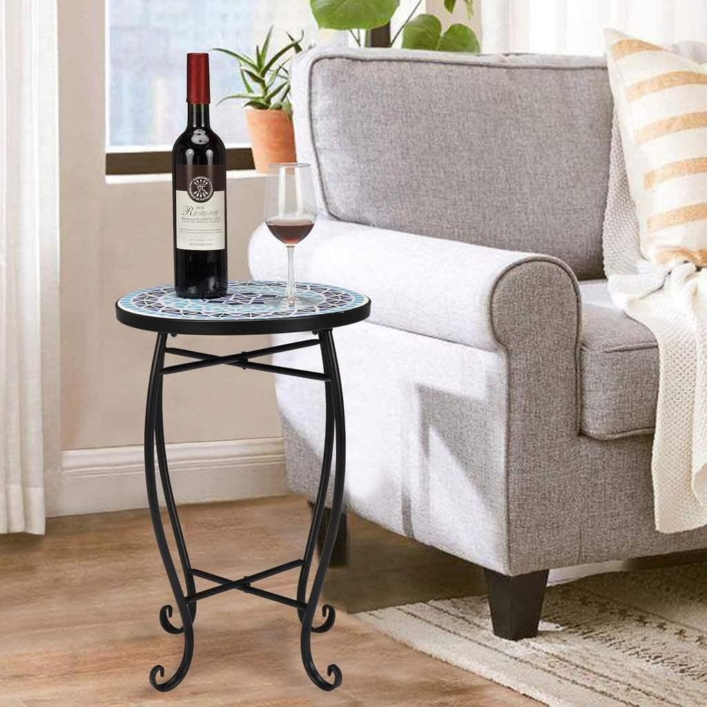 Ochine Mosaic Side Table, 14 Inch Round Side Ceramic Tile Top Indoor and Outdoor Accent Table, Round End Tables Coffee Tea Tables Nightstand for Living Room, Bedroom, Indoor Outdoor Use (Blue)